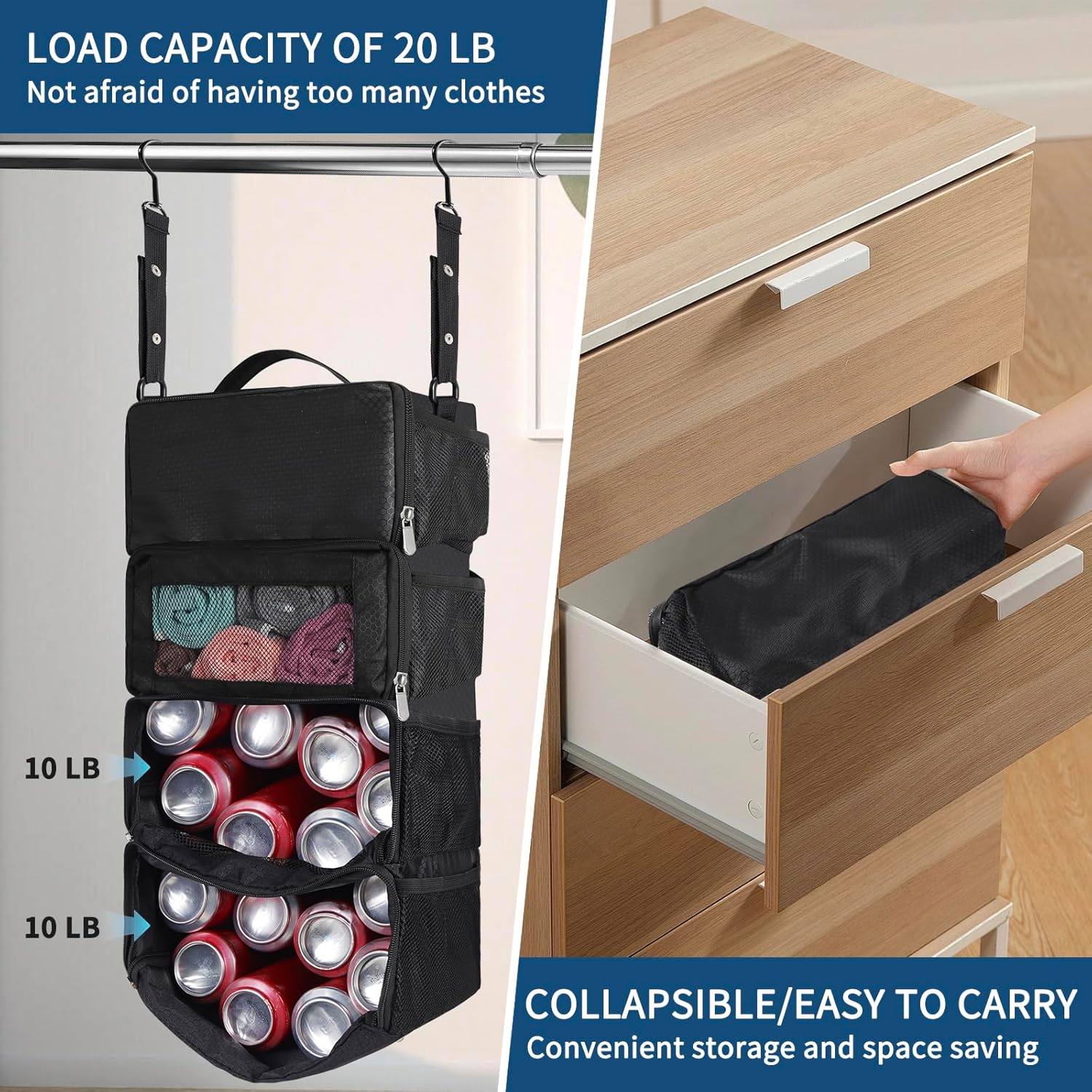 esouler Suitcase Organizer - Hanging Packing Cubes & Portable Collapsible Travel Shelves for Carry-on (Black, Small) - Image 4