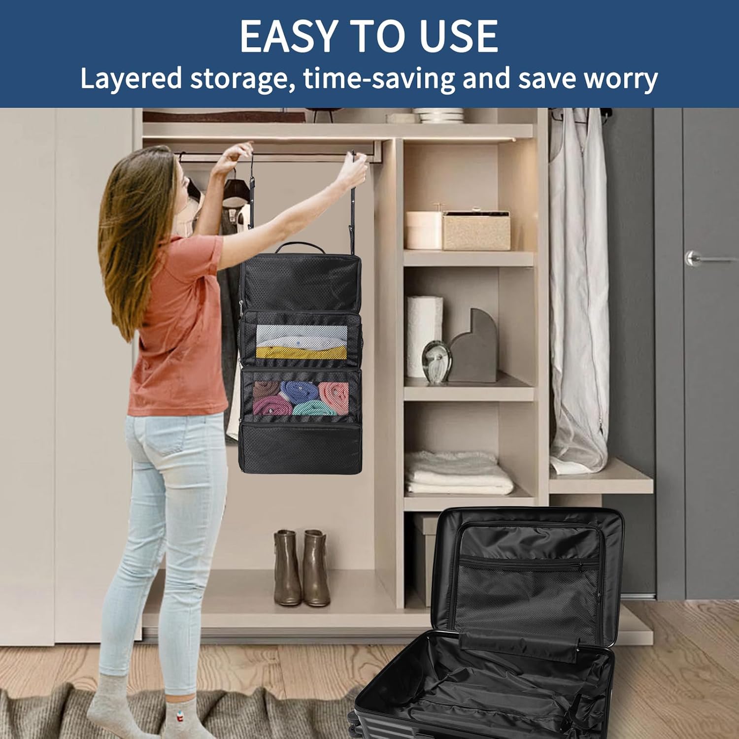 esouler Suitcase Organizer - Hanging Packing Cubes & Portable Collapsible Travel Shelves for Carry-on (Black, Small) - Image 5