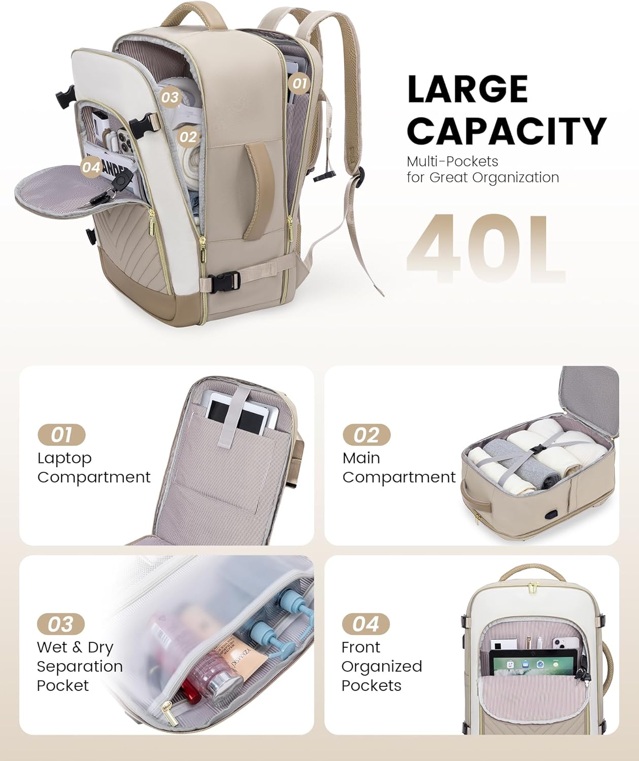 Large Travel Backpack for Women, TSA Carry on Backpack for Airplanes, 40L Personal Item Travel Bag for Women fits 17" Laptop,Waterproof Carry on Bag Airplane Approved with 3 Packing Cubes - Image 3