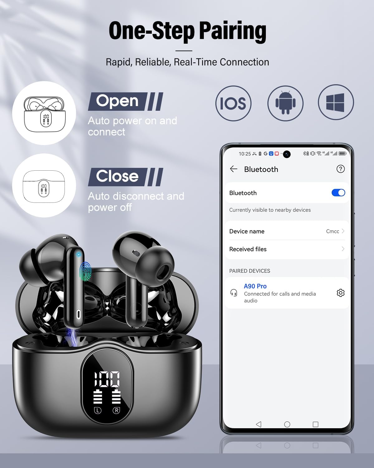 Wireless Earbuds Bluetooth Headphones 80hrs Playback Ear Buds Power Display with Noise Canceling Mic Headsets for Sports/Workout/Running Black - Image 5