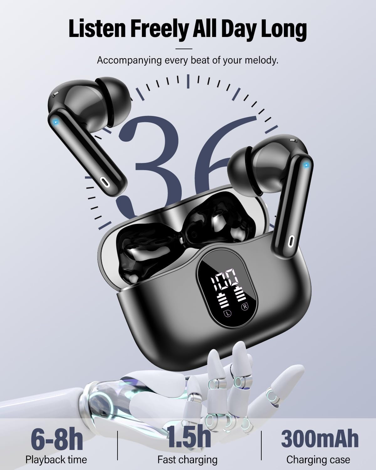 Wireless Earbuds Bluetooth Headphones 80hrs Playback Ear Buds Power Display with Noise Canceling Mic Headsets for Sports/Workout/Running Black - Image 6